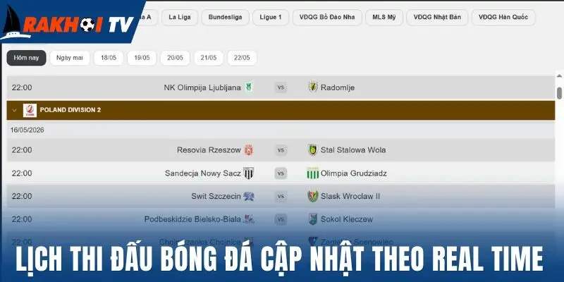 Lịch thi đấu bóng đá cập nhật theo real time